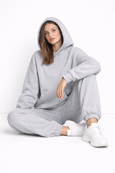 NAKRUF Oversize Kadın Gri Eşofman Takımı Kışlık Şardonlu İçi Pamuklu Kapüşonlu Spor Takım