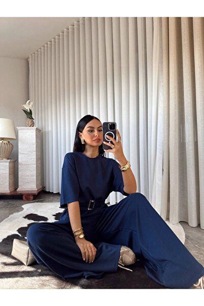 ALVOR Women's Belt Detailed Double Set - Double Sleeve Loose Blouse and Palaz...