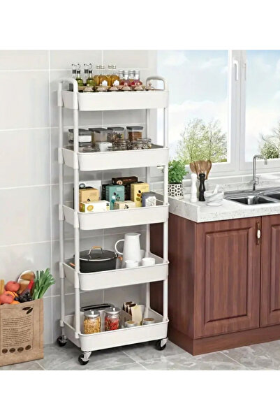 OEM White Plastic 5-Tier Wheeled Shelf, Moisture-Resistant Compact Design