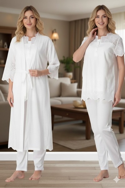 Pelin Women's Linen Scalloped Dressing Gown Maternity Pajama Set