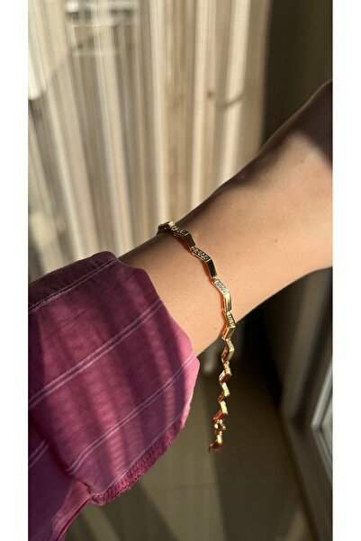 Zirkon taşlı Zigzag 14k gold rengi zarif bileklik