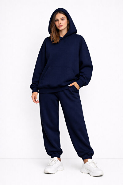 NAKRUF Oversize Women's Navy Blue Tracksuit Set Winter Cotton Lined Hooded Sp...