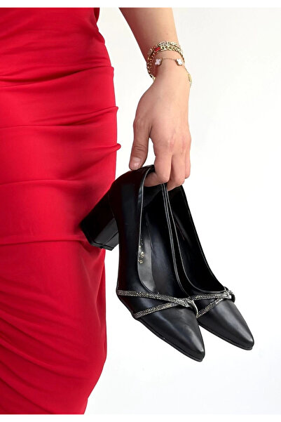 TH COLLECTİON Zenta Black Leather Heeled Shoes - 38