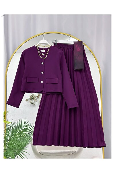 MY QILAM Women's Hijab Jacket Skirt Set Pleated Long Skirt Buttoned Stylish C...