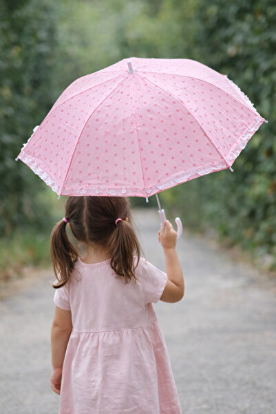 Fixida Kız Çocuk Şemsiyesi – Pembe Puantiyeli Fırfırlı Kaymaz Saplı Çocuk Şem...