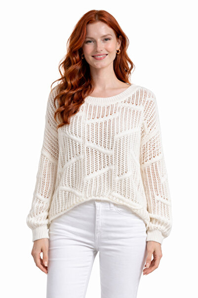 Neden Tekstil Ecru Crew Neck Openwork Oversized Tunic Knitwear Sweater