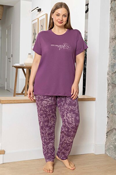 Aydoğan Women's Inci Plus Size Short Sleeve Violet Pajama Set 0052