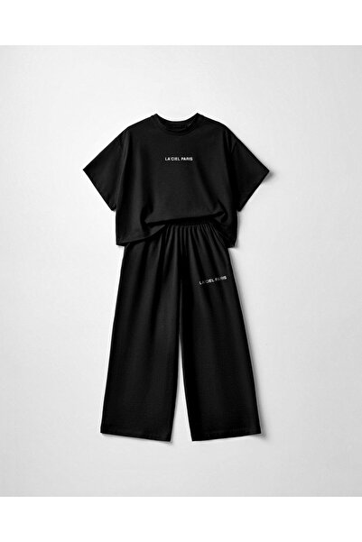 Magu Κοριτσίστικο Βαμβακερό Μαύρο Σετ Μπλουζάκι και Παντελόνι με Στάμπα - Άνε...