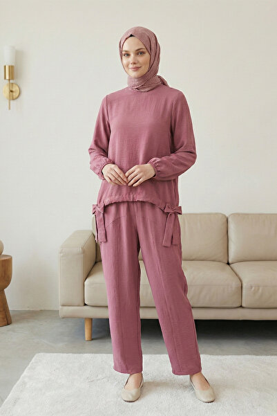 FERHEL Women's Drawstring Shalwar Trousers Ayrobin Loose Fit Set - Dusty Rose