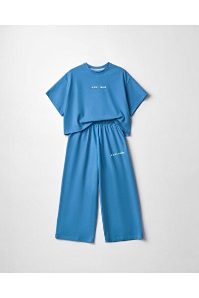 Magu Κοριτσίστικο Βαμβακερό Μπλουζάκι με Μπλε Στάμπα και Παντελόνι - Άνετο Σε...