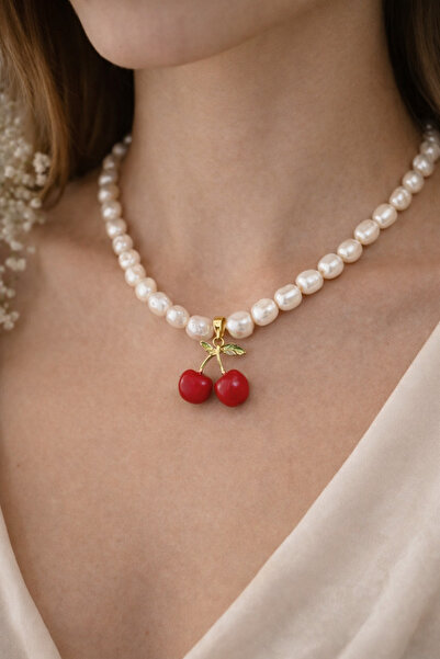 PORSE Gerçek İstiridye İncili Kiraz Kolye Uçlu Zarif Kolye 45 cm Şık Kutuda T...