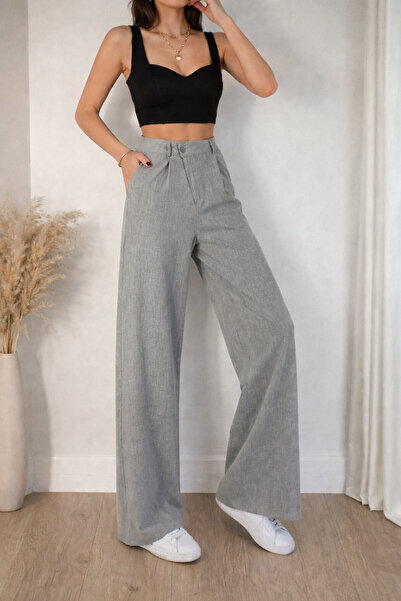mor butik Women's Gray Palazzo Pants High Waist, Wide Leg, Casual@Office Chic...