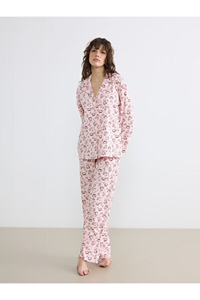 LC Waikiki Rmz Gi̇yi̇m Farkiyla Shirt Roba Collar Embroidered Women's Pajama Set