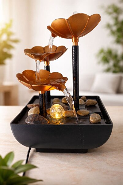 LONDIA 3 Katlı Lotus Çiçekli LED Işıklı Dekoratif Şelale Masaüstü Su Çeşmesi