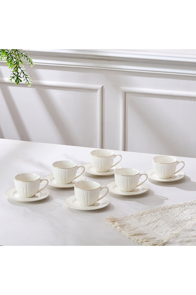 Malooki "SOARE" Coffee Service Set 12 Pieces, Premium White Porcelain, Emboss...