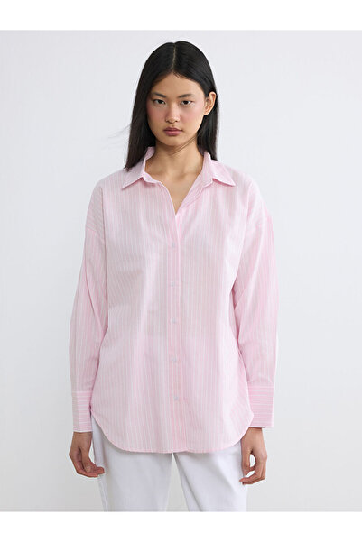 LC Waikiki Pink Striped Oversized Oxford Women's Shirt