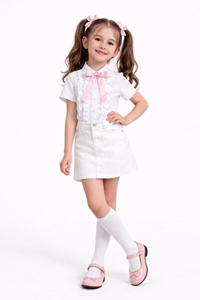 Nacar Kız Çocuk Fiyonklu Beyaz Fırfırlı Gömlek ve Kalem Etek 23 Nisan Gösteri...