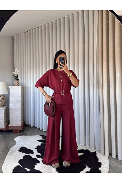 ALVOR Women's Belt Detailed Double Set - Double Sleeve Loose Blouse and Palaz...