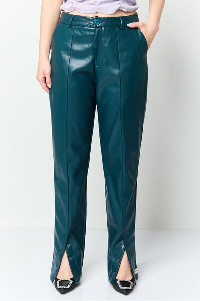 The Giving Movement Women Skinny Fit Leather Split Pants, Teal Green
