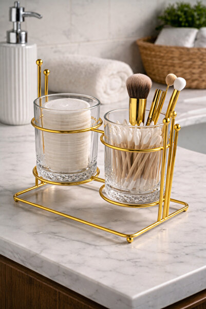 COCEM Gold Cam Banyo Düzenleyici | Pamukluk & Kulak Çubuğu Organizer Seti