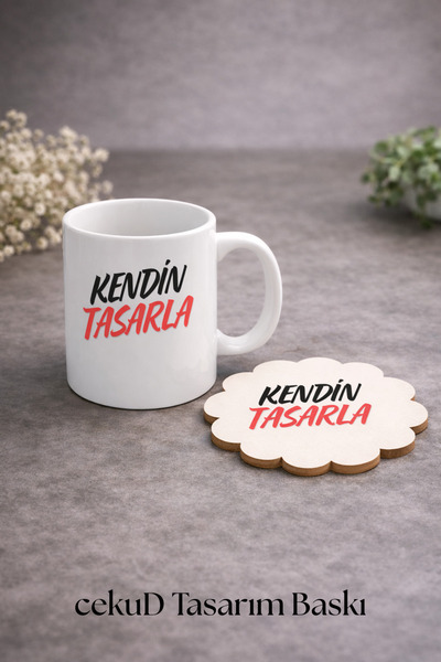 cekud tasarım baskı Kişiye Özel Kupa Bardak ve 9x9 cm Ahşap Bardak Altlığı Se...