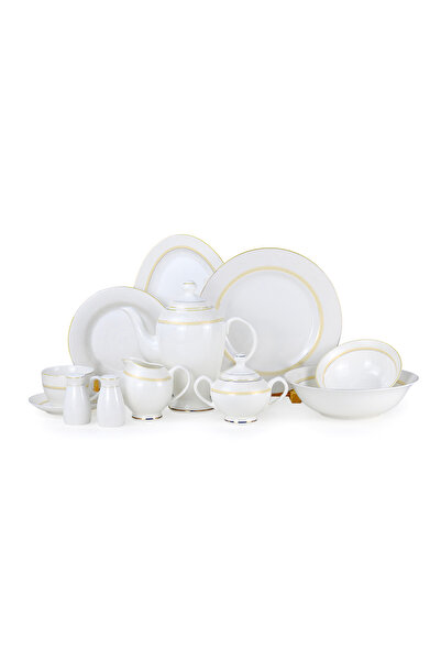 SHALLOW NIVA 47Pc Bone China Dinnerware Set - White with Gold Rim| Perfect fo...