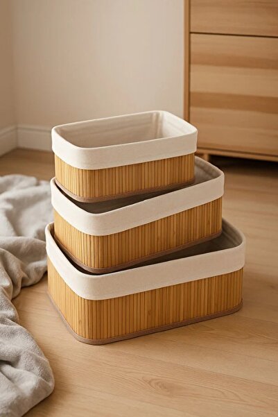 Kitchen Beauty 3'lü Bambu Sepet / Çok Amaçlı Bambu Sepet Seti Banyo Organizer...