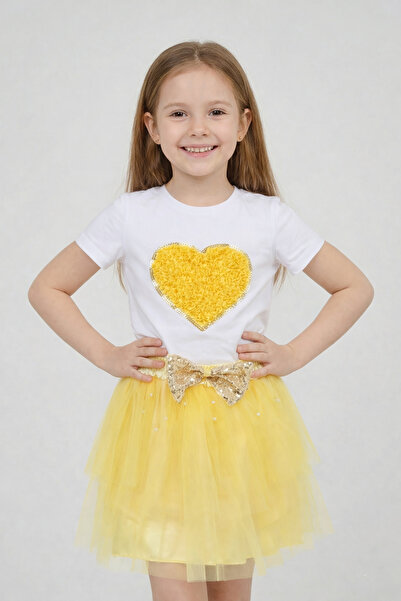 nacar çarşı Girl's Yellow Heart T-Shirt, Yellow Tutu Skirt with Beaded Waist ...