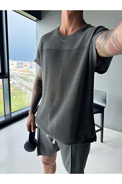 elkumoda Men's Mesh Textured Knitted Oversize T-Shirt Crew Neck Perforated Su...