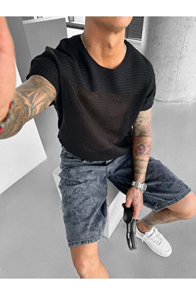 elkumoda Erkek File Dokulu Örme Oversize Tişört Bisiklet Yaka Delikli Yazlık ...