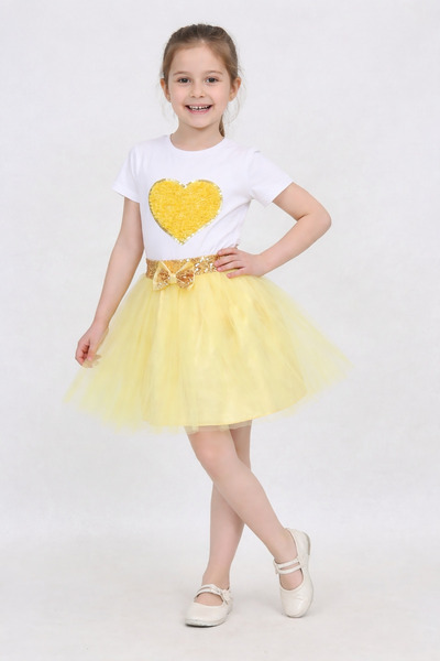 nacar çarşı Girl's Yellow Heart T-Shirt, Yellow Tutu Skirt with Sequin Detail...