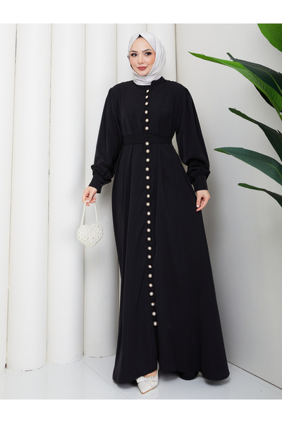 MY QILAM Women's Hijab Long Dress Dubai Fabric Stone Buttoned Belted Comforta...