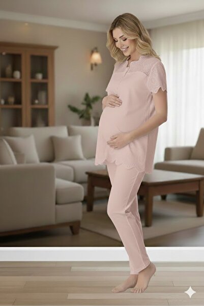 Pelin Women's Scalloped Linen Maternity Pajama Set