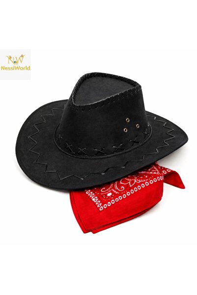 kumkumticaret Children's Cowboy Hat Black &amp;   Red Bandana Set
