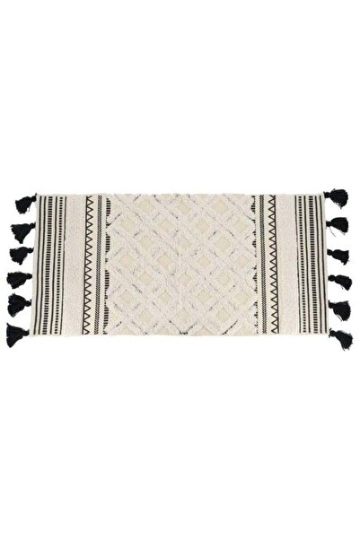 Generic Fringe Detail Rectangular Tufted Cotton Rug Black and Beige 45 x 90 cm