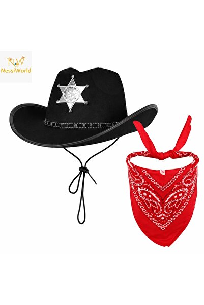 Generic Brand Children's Cowboy Hat with Badge Black &amp;   Red Bandana Set