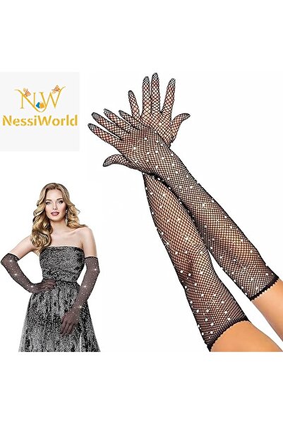 NW NessiWorld Black Color Pearl and Diamond Embroidered Mesh Knitted Long Glo...