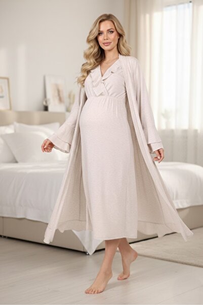 Lohusa Homewear Women's Beige Flounced Double-Breasted Design Short Sleeve 10...