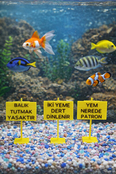 Aquarium Humorous Sign Set 3-Piece - Vivid Yellow Decorative Fish Accessory (7x5 cm)