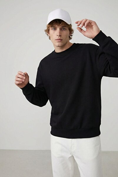 MAXIMILLIAN Men's Oversize Basic Relax Cotton Crew Neck Sweatshirt Black