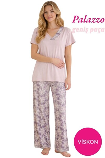 bie's Women's Buttonless Wide Collar Viscose Short Sleeve Palazzo Pajama Set-...