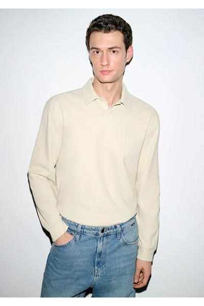 Mavi Men's Polo Collar Beige Sweatshirt