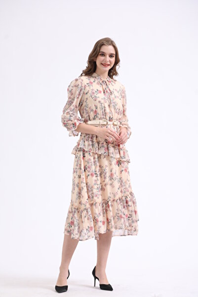 LAVALLEESHOP فستان بيج ميدي شيفون بأكمام مزمومه