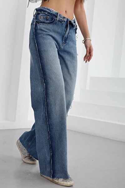 DENİKK Trend Premium Design Foldable Waist Detail Wide Leg Jean Denim Pants-F...