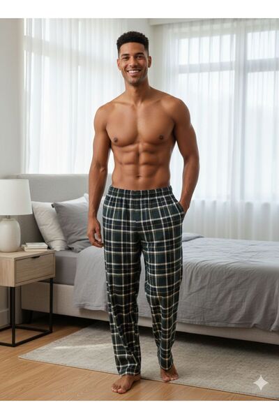 Pimody Men's Plaid Cotton Single Bottom Pajamas