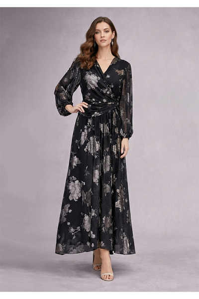 DVNA pleated maxi evening dress with a gold floral print