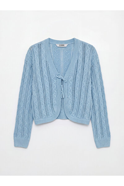 LC Waikiki Blue V-Neck Hair Braid Patterned Girls' Knitwear Cardigan