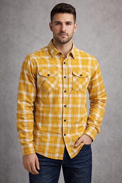 Malkan Erkek keten kare desenli gömlek