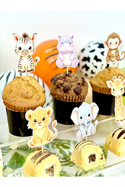 Flu Party زينة الكب كيك بتصميم السفاري - ديكور المافن بتصميم حيوانات السفاري