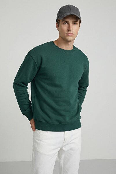 MAXIMILLIAN Men's Oversize Basic Relax Cotton Crew Neck Sweatshirt Dark Green